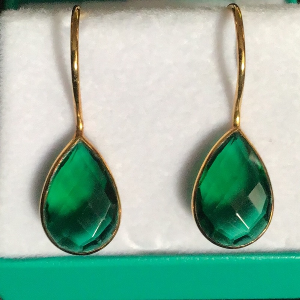 NEW! Green Quartz Gemstone Faceted Pear Micron Gold Plated Silver Drop Earrings